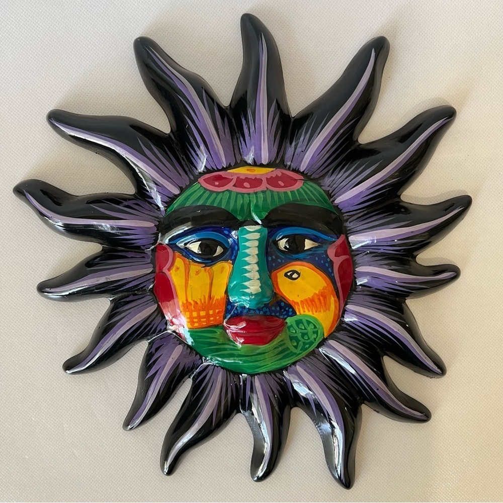 Vintage Mexican Pottery Colorful Sun Face Wall Hanging Folk Art